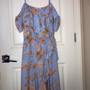 Pastel Blue Floral Spring/Summer High/Low Off the Shoulder Dress